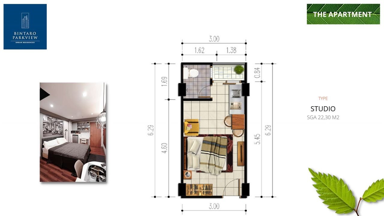 Denah layout studio 22.30m2 Bintaro Parkview